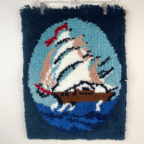 Vintage Beachy Coastal Wall Art Latch Hook Blue White Retro Sailboat Cottage